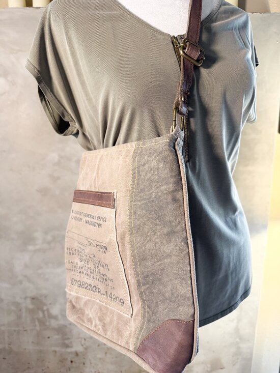 Mona B Handbags - Mona B “Identified” Upcycled Canvas Crossbody Bag Vegan Leather Distressed